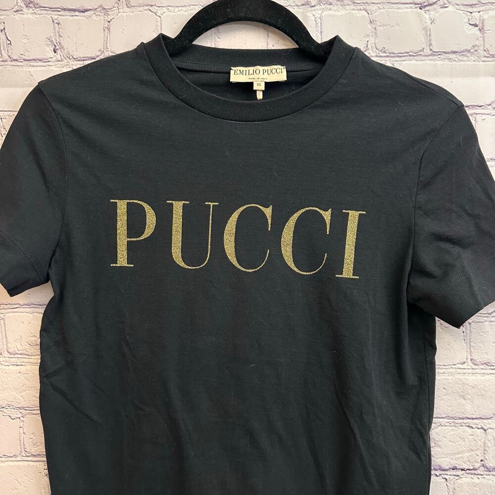 Emilio Pucci Black Graphic Tee Gold Glitter Logo Women's XS Short Sleeve Cotton - Picture 2 of 4